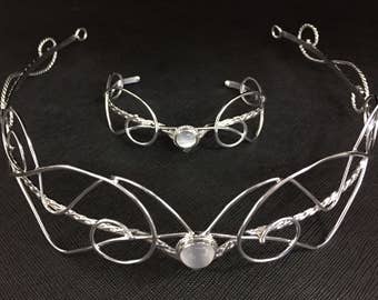 Sterling Silver Elvish Fantasy Bridal Circlet and Bracelet Cuff Set, Gifts For Her, Alternative Wedding