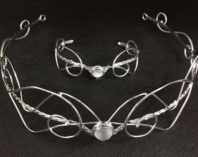 Sterling Silver Elvish Fantasy Bridal Circlet and Bracelet Cuff Set, Gifts For Her, Alternative Wedding