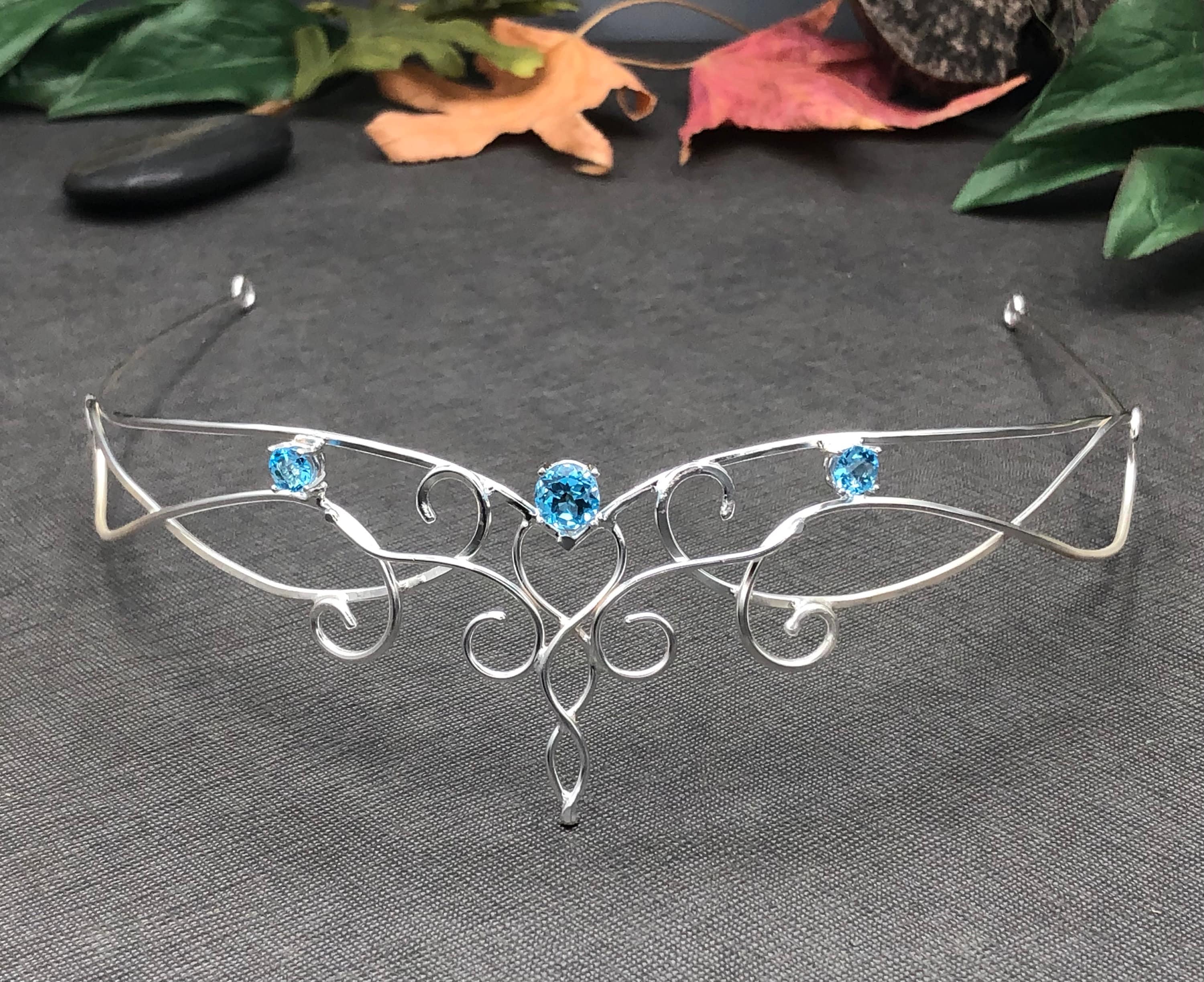 Silver Fairy Crown Tiara with Blue Rhinestone, Circlet Leaves Headpiece for  Wedding Cosplay Prom, Water Elf Pixie Witch Angel Mermaid Fairy