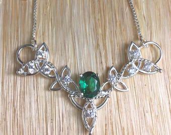 Irish Wedding Emerald Celtic Trinity Knot Necklace with 16 Inch Sterling Box Chain, Handmade, Sterling Silver Emerald and Topaz