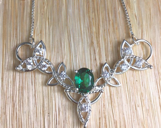 Irish Wedding Emerald Celtic Trinity Knot Necklace with 16 Inch Sterling Box Chain, Handmade, Sterling Silver Emerald and Topaz