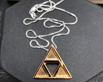 TriForce Necklace Pendant, Cosplay TriForce LoZ Necklace, Sterling Silver Hyrule Triangle Necklace, 24K Gold Plate Overlay, Legend of Zelda