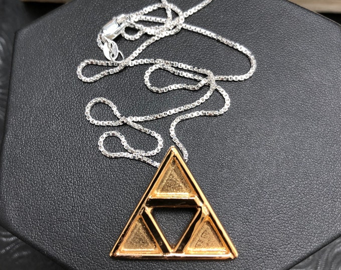 TriForce Necklace Pendant, Cosplay TriForce LoZ Necklace, Sterling Silver Hyrule Triangle Necklace, 24K Gold Plate Overlay, Legend of Zelda