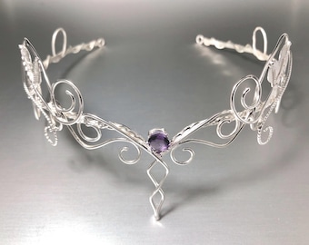 Sterling Silver Woodland Fae Circlet with Sapphire: Elvish Wedding Circlet, 8mm Gemstone, Nordic Diadem, Alternative Bridal, Bespoke Bride