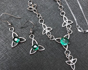 Sterling Silver Celtic Knot Necklace Earrings Set: Amethyst Gemstone