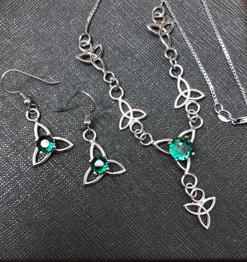 Celtic Knot Drop Necklace Earrings Set, Gifts For Her, Bohemian Amethyst Necklace, Dangle Earrings, Jewelry Sets Emerald