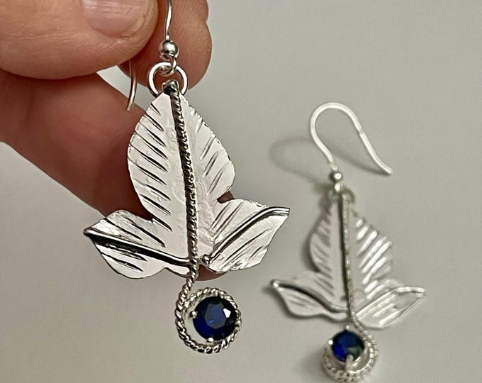 Leaf Dangle Drop Earrings in Sterling Silver with Sapphire Gemstone, Gifts For Her