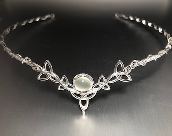 Celtic Knot Moonstone Bridal Circlet, Irish Diadem with White Moonstone, Handmade Celtic Wedding Tiara, Cosplay Headpieces, Gifts For Bride