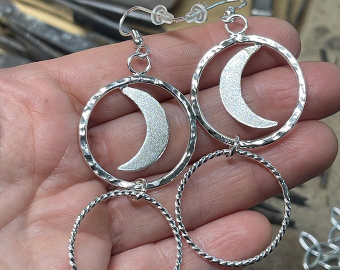 Hoop Circles Moon Earrings in Sterling Silver, Gifts For Her, Celestial Jewelry, Artisan Circle Earrings, Eternity Double Hoop Earrings