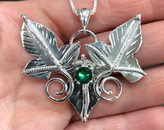 Emerald Sterling Silver Leaf Necklace: Elvish Gemstone Pendant, Woodland Fae Jewelry, Gifts For Her