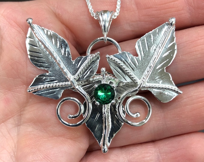Emerald Sterling Silver Leaf Necklace: Elvish Gemstone Pendant, Woodland Fae Jewelry, Gifts For Her