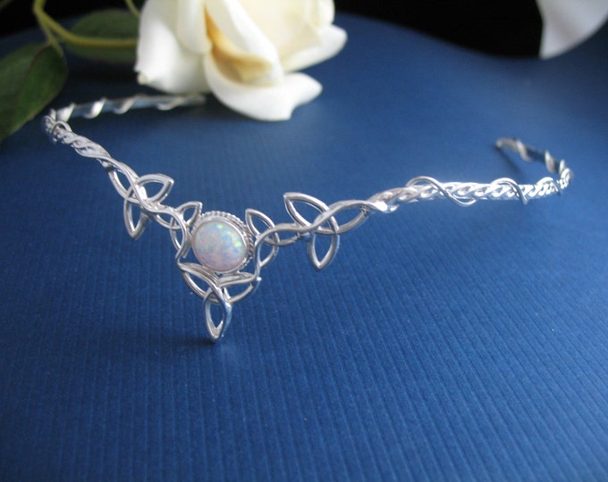 Irish Tiaras, Celtic Wedding Circlet Headpiece, Fantasy Tiaras, Diadems, BubbleGum Opal Gemstone, Sterling Silver 925