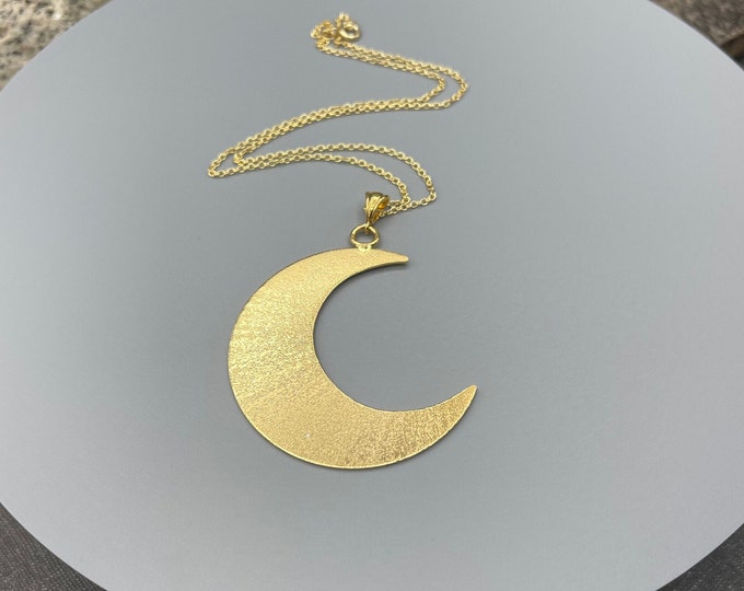 Large Crescent Moon Necklace in Sterling with 24K Gold Plate Overlay, Bohemian Moon Necklaces, Statement 2 Inch Large Waxing Waning Moon