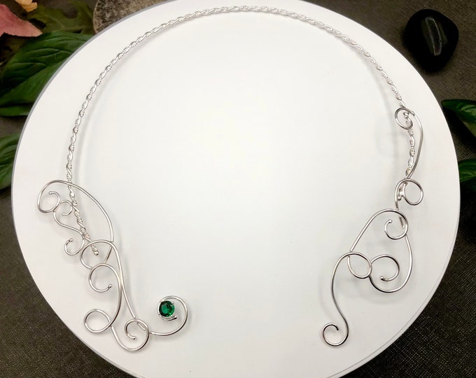 Bohemian Fae Sapphire Emerald Neck Torc, Celtic Neck Piece, Neck Torc Wire Work with Emerald,  Renaissance Chokers, Gifts For Her