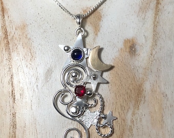 Sterling Silver Moon Mixed Metal Celestial Necklace: Sapphire, 14K Gold Moon, Stevie Nicks Inspired Jewelry, Bohemian Style, Gifts for Her