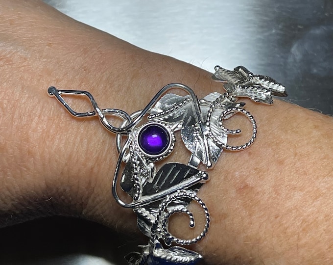 Woodland Amethyst Bracelet Cuff in Sterling Silver, Celtic Leaf Cuff Bracelet, OOAK Fae Elvish Woodland Bracelet Cuffs, Gifts For Her