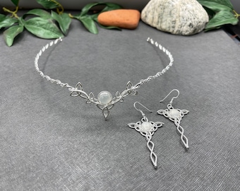 Celtic Moonstone Tiara and Earrings Set: Sterling Silver Bridal Jewelry, Irish Jewelry, Drop Earrings, Diadem, Pictish Nordic Circlet
