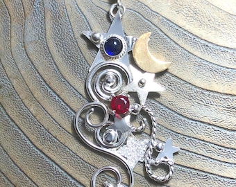 Sterling Silver 14K Gold Moon Mixed Metal Celestial Necklace: Shooting Star 4mm Sapphire, Crescent Moon, Stevie Nicks Bohemian Style Pendant