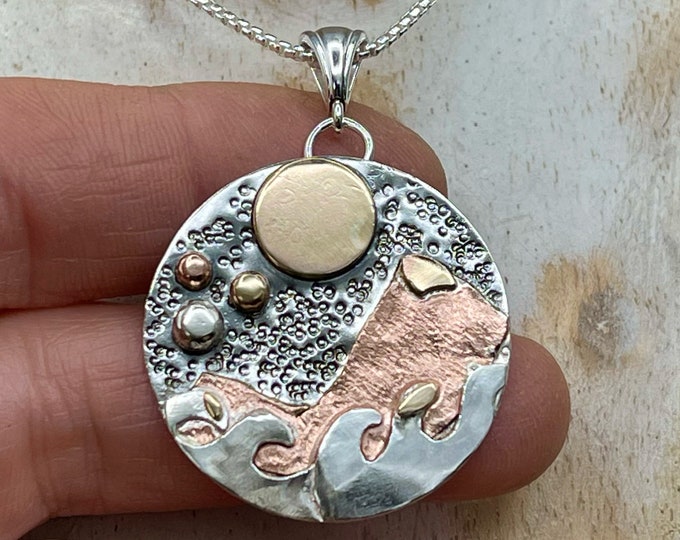 Mountain Full Moon Sun Mixed Metal Landscape Necklace, Gift For Her, TriMetal Sterling Silver, Copper, Gold, Nature Necklace, Hiking, Rustic