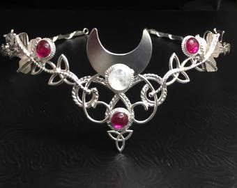 Celtic Moon Pagan Bridal Wedding Tiara, Alternative Bridal Wedding Circlet, Cosplay Crescent Moon Gemstone Sterling Silver Handmade,