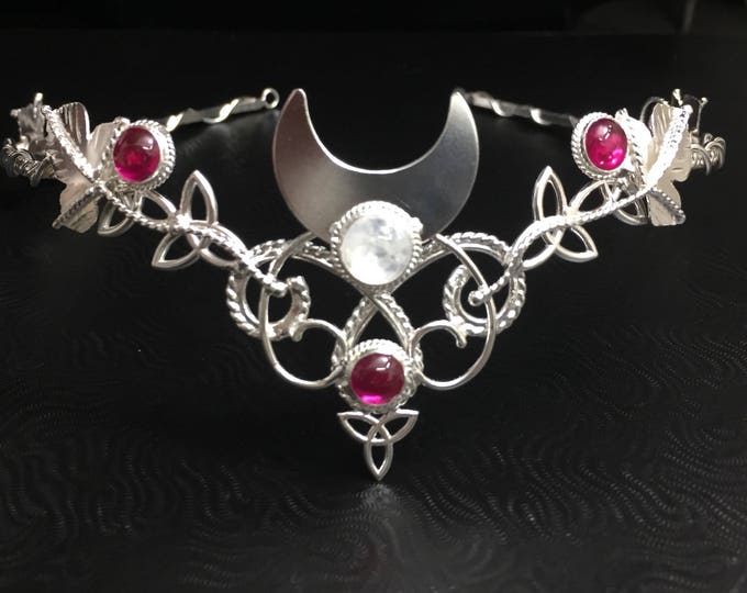 Celtic Moon Pagan Bridal Wedding Tiara, Alternative Bridal Wedding Circlet, Cosplay Crescent Moon Gemstone Sterling Silver Handmade,