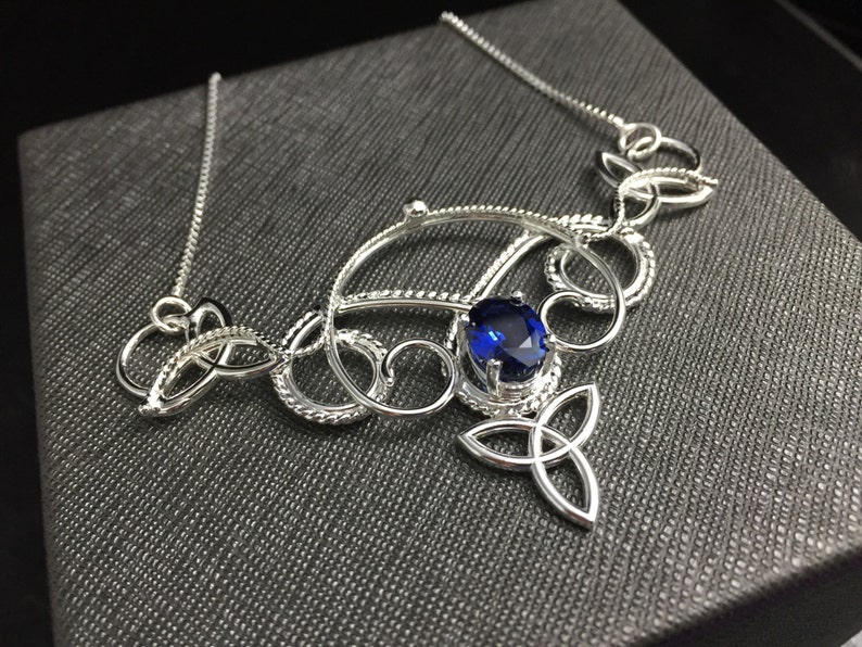 Statement Necklace Renaissance Celtic Necklace with 10x8mm oval Lab Sapphire OOAK Celtic Jewelry Sterling Silver Handmade