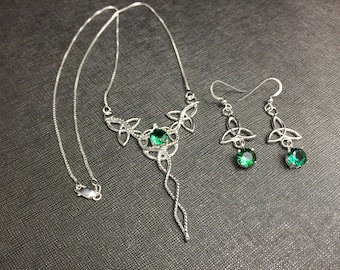 Celtic Knot Necklace and Earrings Set, Irish Jewelry Sets, Gifts For Her, Celtic Knot Necklace with Emerald, Gifts For Her