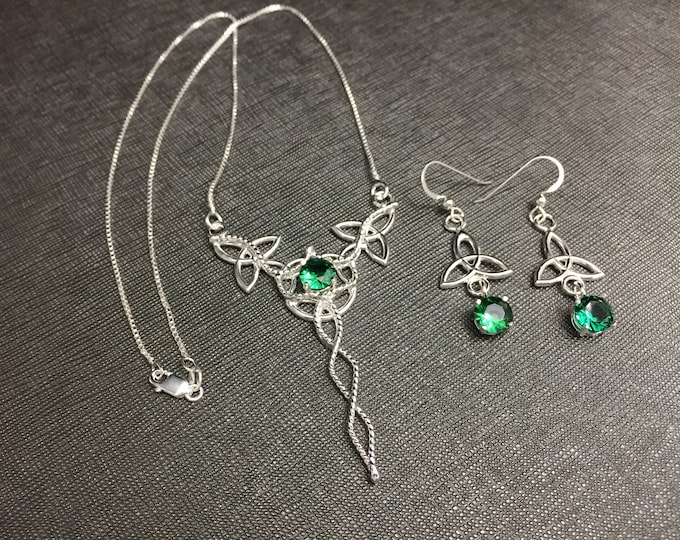 Celtic Knot Necklace and Earrings Set, Irish Jewelry Sets, Gifts For Her, Celtic Knot Necklace with Emerald, Gifts For Her