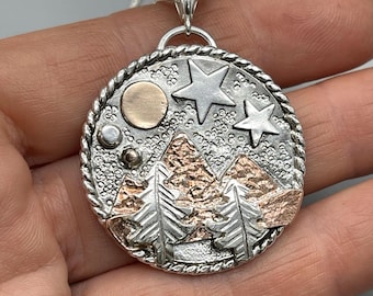 Mountain Scene Mixed Metal Tree Necklace, Gifts, Sterling Silver, Copper, 14K Gold-Filled Nature Necklace, Hiking, 1.25 Inch Size, Box Chain
