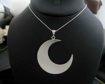 Large 2 Inch Crescent Moon Statement Necklace, 16 Inch Box Chain .925 Sterling Silver, Handmade Moon Jewelry, Waxing Waning Crescent Moon