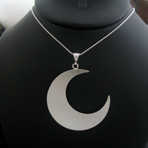 Large 2 Inch Crescent Moon Statement Necklace, 16 Inch Box Chain .925 Sterling Silver, Handmade Moon Jewelry, Waxing Waning Crescent Moon