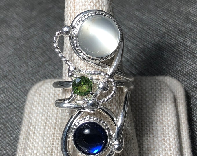 Bohemian Sapphire Moonstone Peridot Free Style Ring, Gifts For Her, Statement Moonstone Rings, Abstract Swirl Finger Jewelry