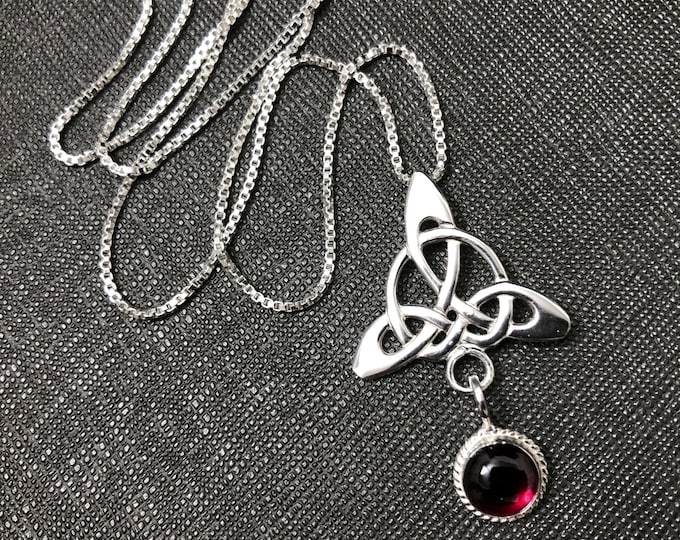 Celtic Trinity Knot Gemstone Drop Necklace with 18 inch Sterling Silver Box Chain, Irish Gemstone Necklace, Gifts For Her, Birthday Gift