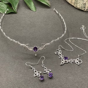 Celtic Knot Irish Wedding Jewelry Set in Sterling Silver, Celtic Tiara, Necklace, Celtic Earrings, Jewelry Set for Brides, Accessories Faceted Amethyst