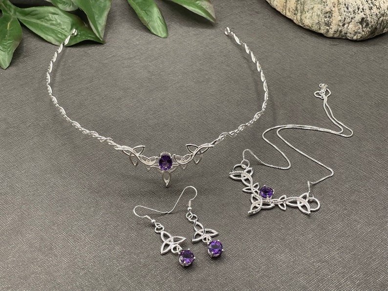 Celtic Knot Irish Wedding Jewelry Set in Sterling Silver, Celtic Tiara, Necklace, Celtic Earrings, Jewelry Set for Brides, Accessories Faceted Amethyst