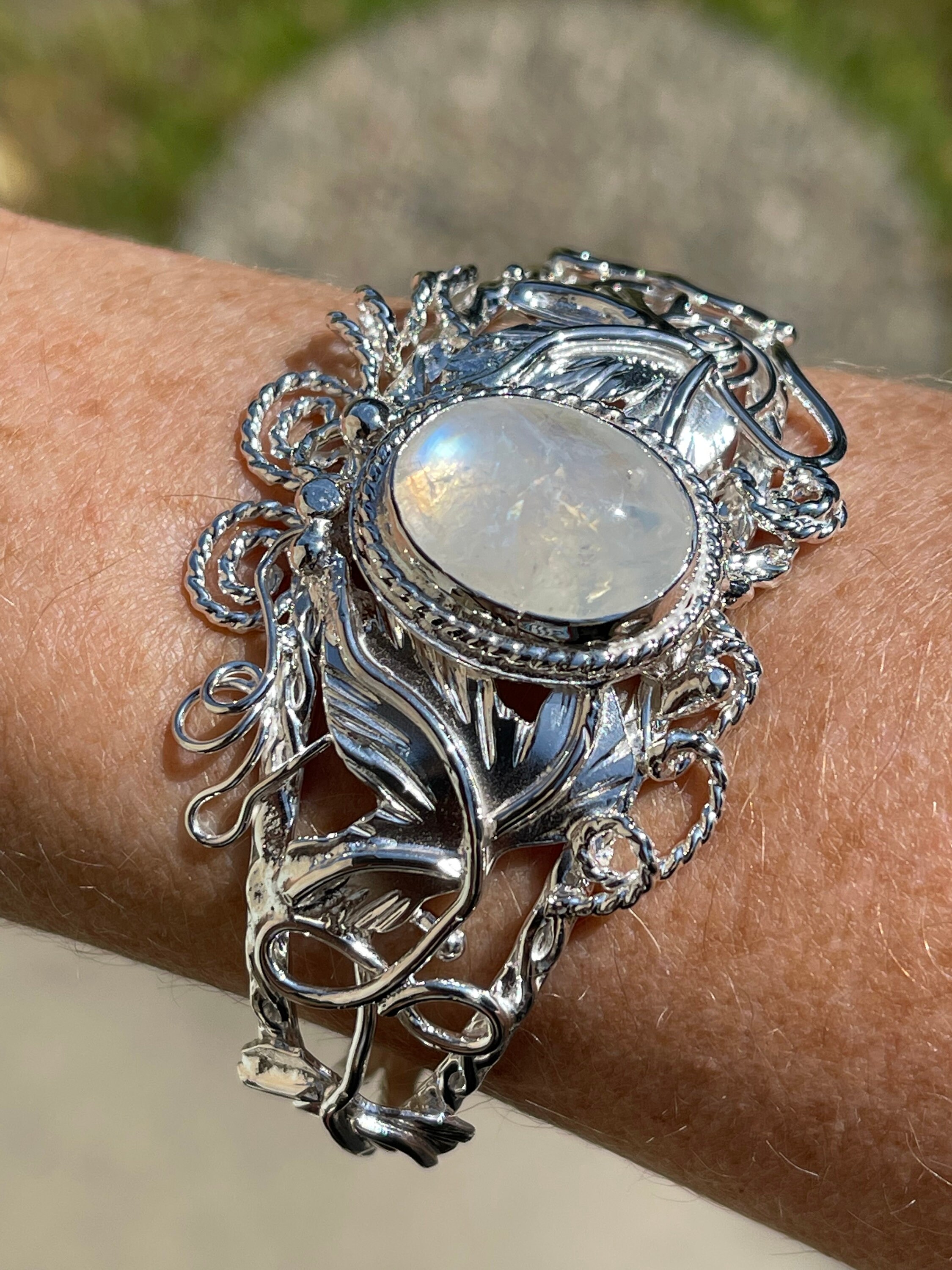Handmade Moonstone Cuff Bracelet – 925 Sterling Silver, Natural White Gemstone, Adjustable Bezel Set, Cute Boho Gift For Her