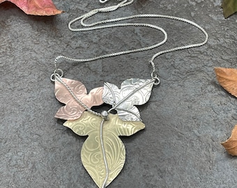 Large Statement Leaf Woodland Necklace in Mixed Metals, Large Leaves Pendant Necklace, Handmade, Fae Elvish Jewelry