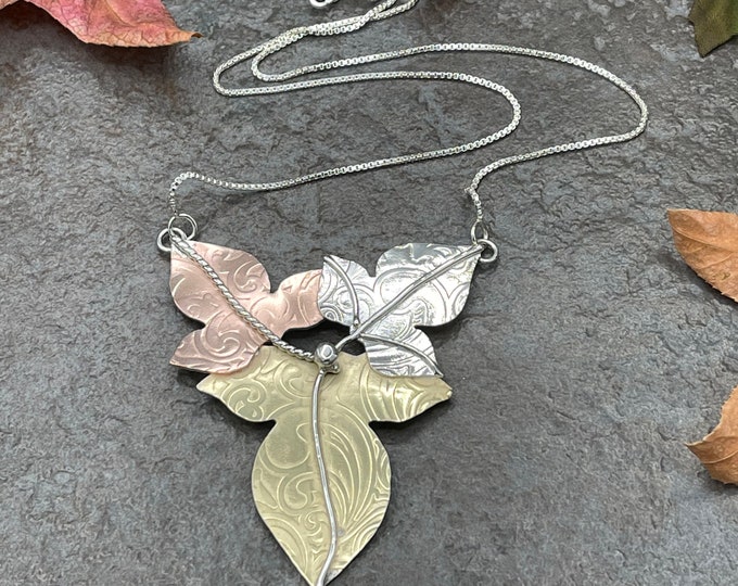 Large Statement Leaf Woodland Necklace in Mixed Metals, Large Leaves Pendant Necklace, Handmade, Fae Elvish Jewelry