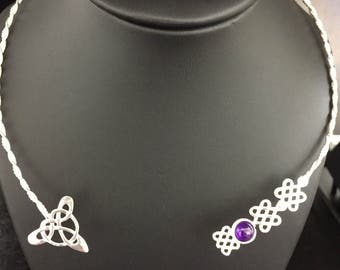 Sterling Silver Neck Torc: Artisan Celtic Knot Gemstone Neck Ring, Renaissance Jewelry, Elvish, Collarbone Necklace
