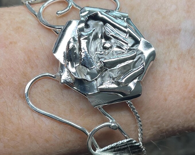 Sterling Silver Rose Cuff Bracelet: Artisan Floral Statement Jewelry, Rose Jewelry, Handmade Floral Bracelet
