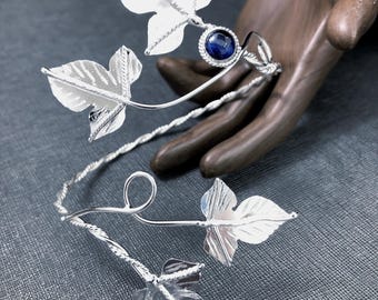 Sterling Silver Ivy Leaf Upper Arm Cuff Bracelet with Sapphire, Bracelet Woodland Cuff Wrap