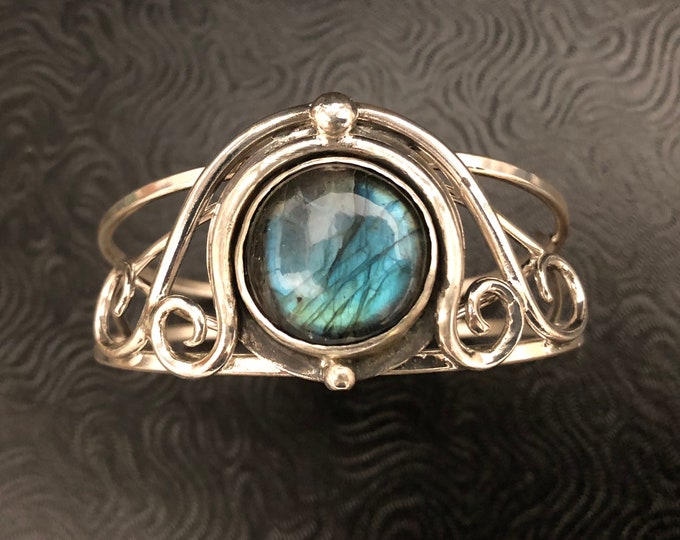 Art Nouveau Sterling Silver Labradorite Cuff Bracelet: Artisan Statement Bracelet Wrist Jewelry, Gifts For Her