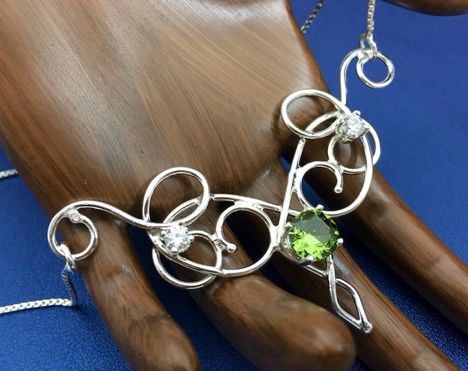 Bohemian Renaissance Peridot Necklace in Sterling Silver Handmade Wire Work Necklace, Elvish Necklaces, Gifts For Her