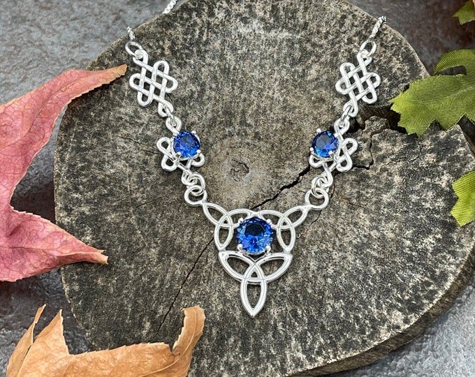 Celtic Knot Sapphire Necklace in Sterling Silver, Bohemian Irish Necklace with 3 Gemstones, Sapphire, Sterling Silver Handmade OOAK
