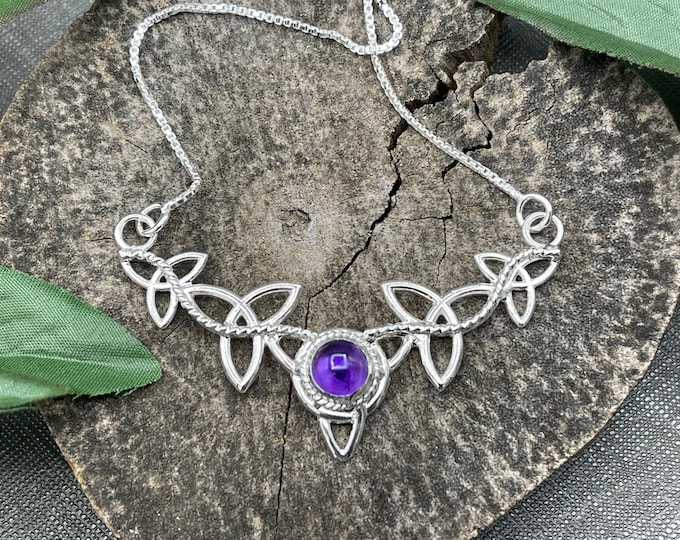 Celtic Trinity Knot Amethyst Necklace in Sterling Silver, Gifts For Her, Irish Necklace, Gaelic Jewelry, 925