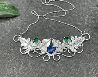 Woodland Elvish Sapphire Necklace in Sterling Silver, Artisan Organic Nature Inspired Jewelry Gifts For Her, Bohemian Necklaces