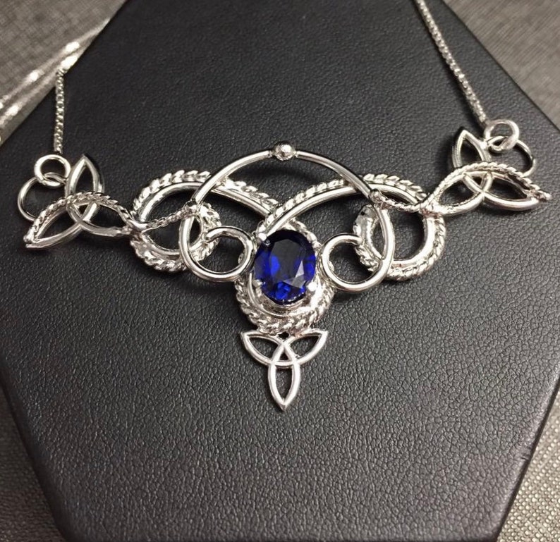 Statement Necklace Renaissance Celtic Necklace with 10x8mm oval Lab Sapphire OOAK Celtic Jewelry Sterling Silver Handmade