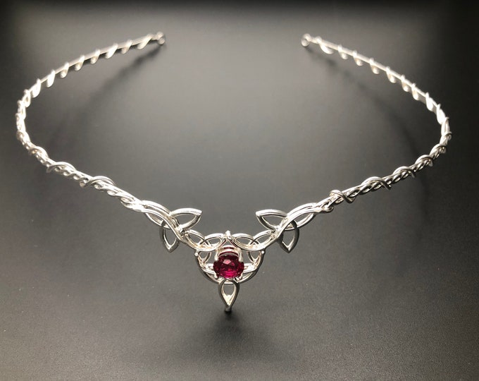 Irish Celtic Knot Wedding Tiara in Sterling Silver 8mm Gemstone, Diadem, Celtic Bridal Diadems, Fantasy Bridal Tiaras, Garnet Circlets