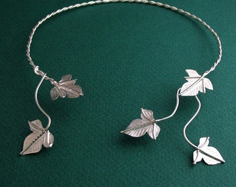 Woodland Leaf Neck Ring in Sterling Silver, Faery Leaves Neck Piece, Elvish Neck Torc, Statement Necklace, Woodland Bohemian Necklace OOAK