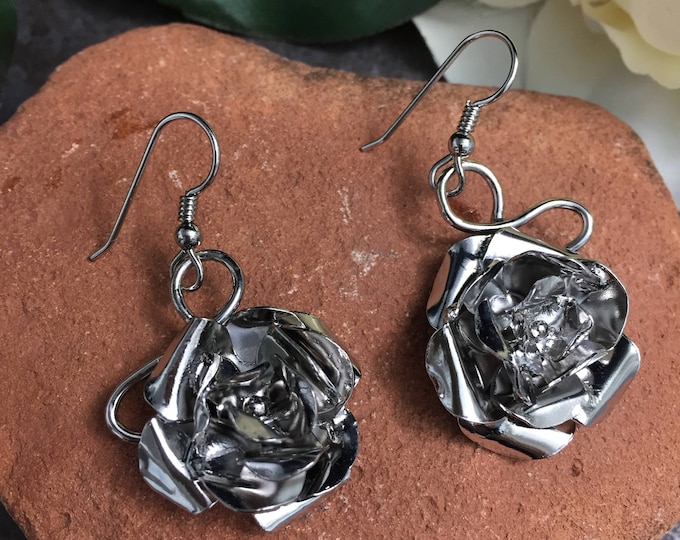 Artisan Floral Rose Earrings in Sterling Silver, Rose Petal Earrings, Floral Earrings, Flower Jewelery, Victorian Style Rose Drop Earrings